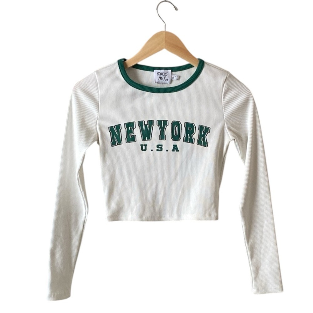 Princess Polly "New York U.S.A." Cropped White Long Sleeve Ribbed T-shirt Sz 4